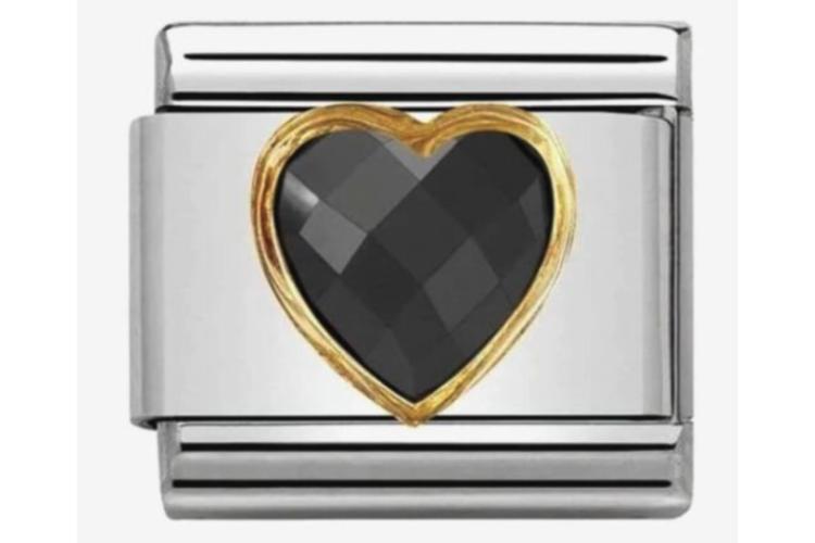 Black Crystal Heart Stone with Plain Gold Border Link