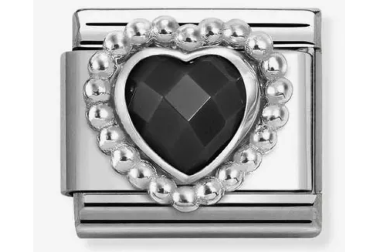Black Crystal Heart Stone with Silver Beaded Border Link