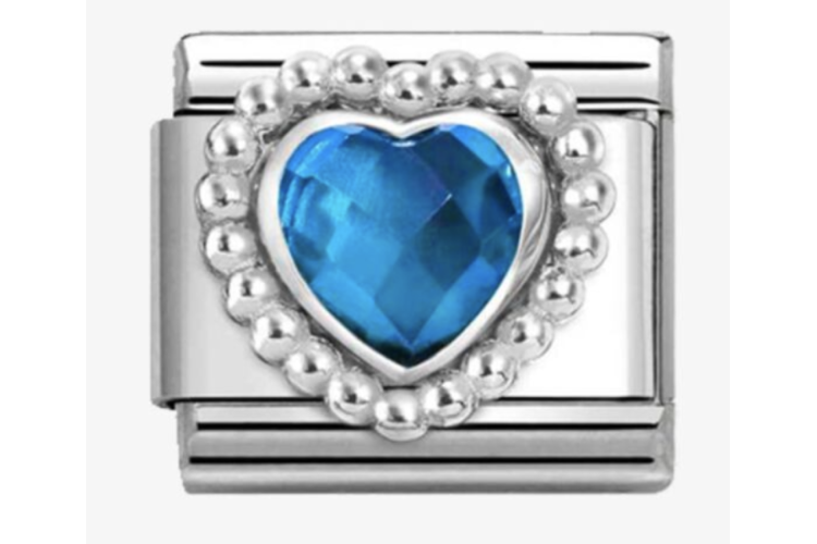 Blue Crystal Heart Stone with Silver Beaded Border Link