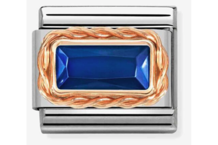 Blue Rectangular Stone with Rose Gold Rope Border Link