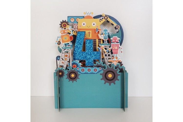 Boys 4th Birthday Robots 3D Pop Up Greeting Card