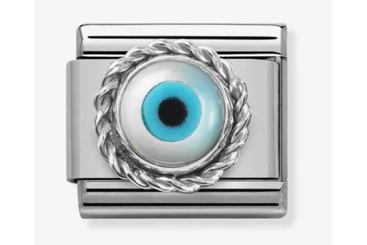 Evil Eye Stone with Silver Rope Border Link