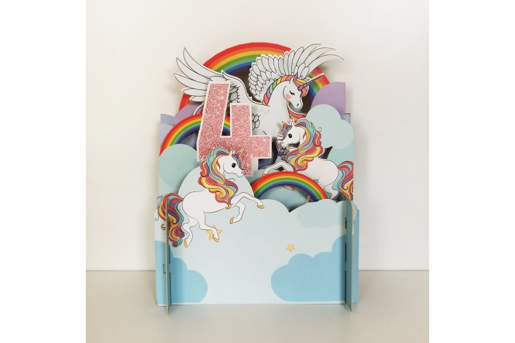 Girls 4th Birthday Flying Unicorn 3D Pop Up Greeting Card