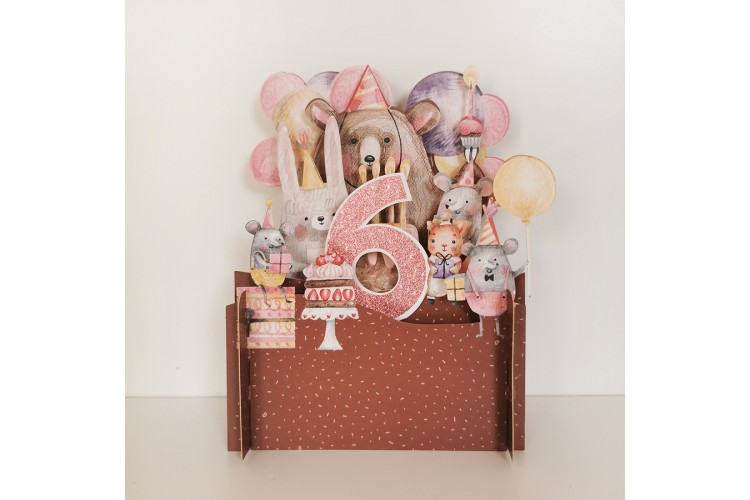 Girls 6th Birthday Bear 3D Pop Up Greeting Card