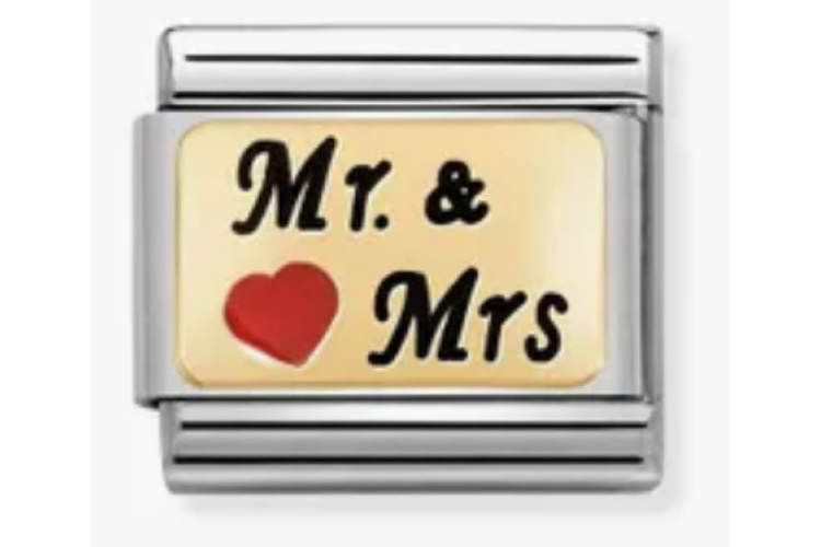 Gold Back Mr and Mrs with Red Heart Link