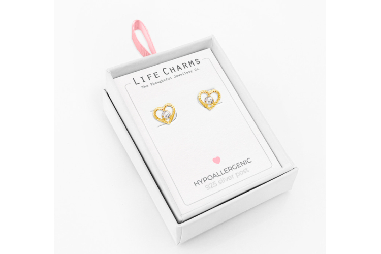 Gold Heart Outline with Stone Stud Earrings