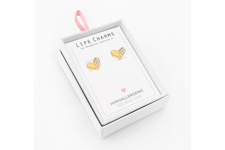 Gold Half Sparkly Heart Stud Earrings