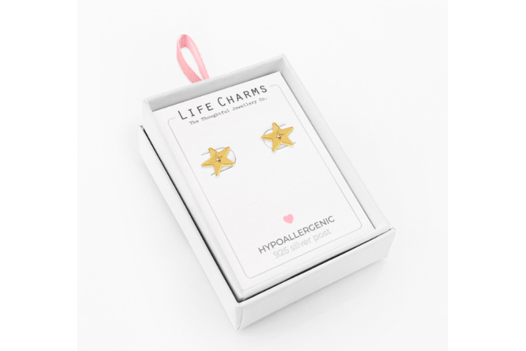 Gold Star with Stone Stud Earrings
