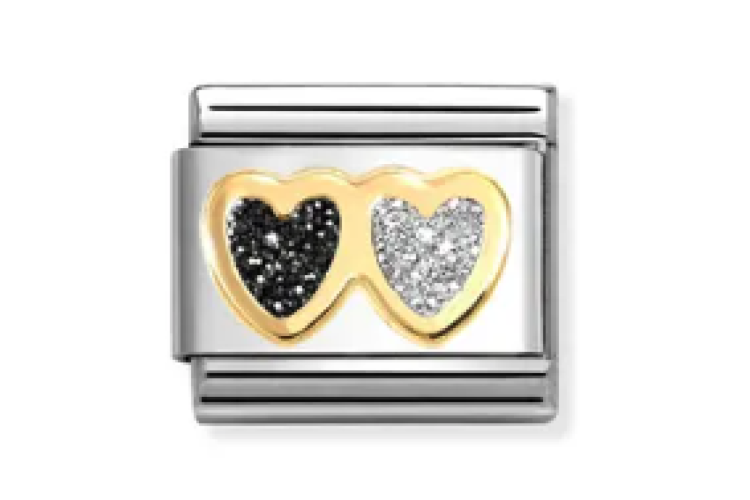 Gold with Black and Silver Glitter Double Heart Link