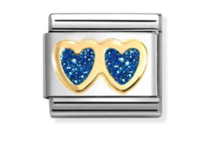 Gold with Blue Glitter Double Heart Link