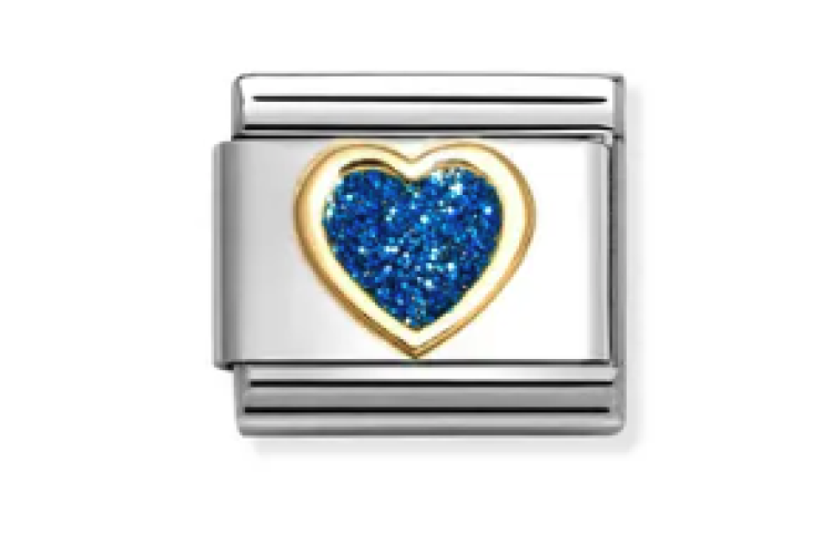 Gold with Blue Glitter Heart Link