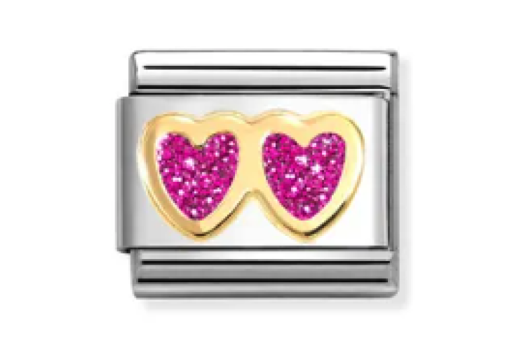 Gold with Fuchsia Glitter Double Heart Link