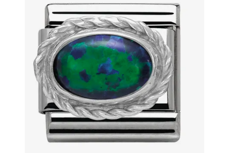 Green Opal Oval Stone with Silver Rope Border Link