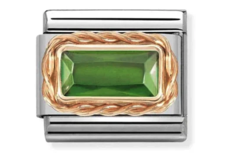 Green Rectangular Stone with Rose Gold Rope Border Link