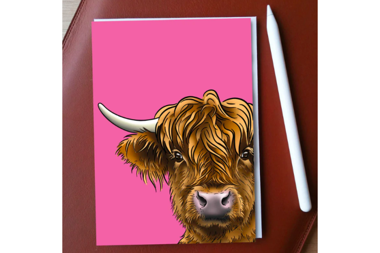 Highland Coo (pink) Greeting Card