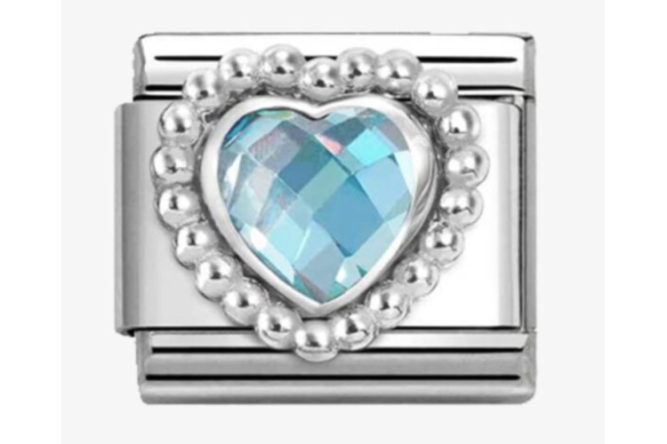 Light Blue Crystal Heart Stone with Silver Beaded Border Link