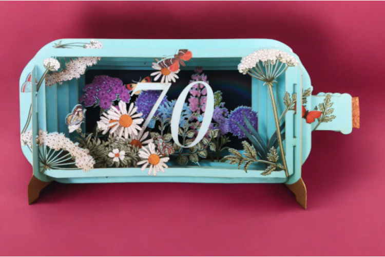 Message in a Bottle 70 with Flowers Pop Up Greeting Card