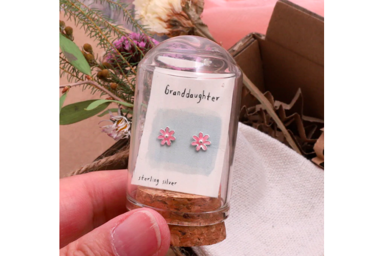 Message in a Bottle Granddaughter Pink Flower Studs