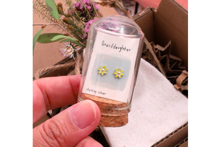 Message in a Bottle Granddaughter Yellow Flower Studs