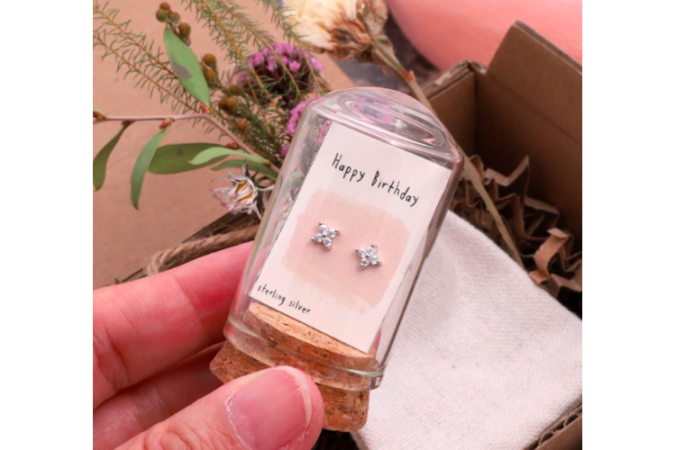 Message in a Bottle Happy Birthday Silver Studs