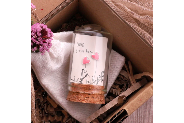 Message in a Bottle Loves Grows Here - Pink Enamel Heart Studs