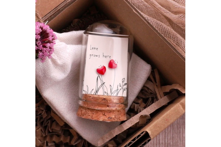 Message in a Bottle Loves Grows Here - Red Enamel Heart Studs