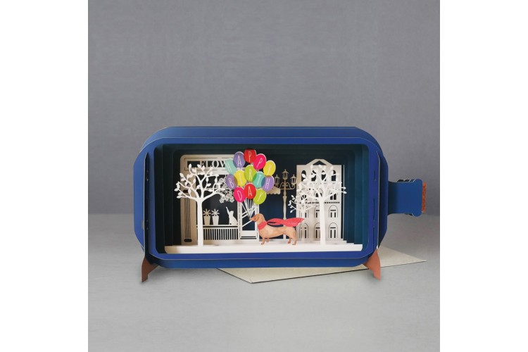 Message in a Bottle Dog with Balloons Pop Up Birthday Card
