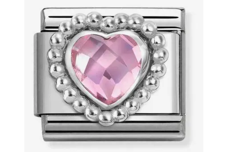 Pink Crystal Heart Stone with Silver Beaded Border Link