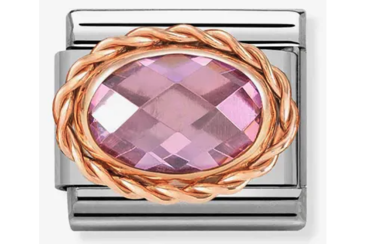 Pink Crystal Oval Stone with Rose Gold Rope Border Link