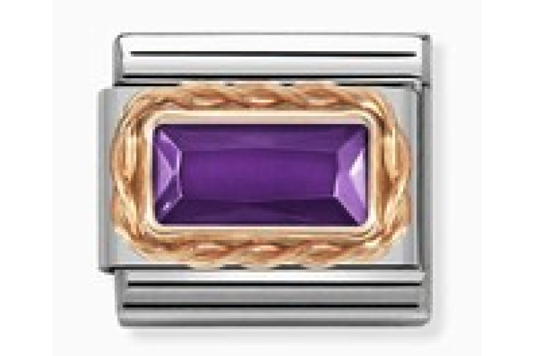 Purple Rectangular Stone with Rose Gold Rope Border Link