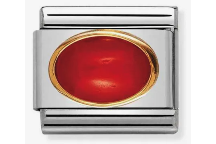 Red Coral Oval Stone with Plain Gold Border Link