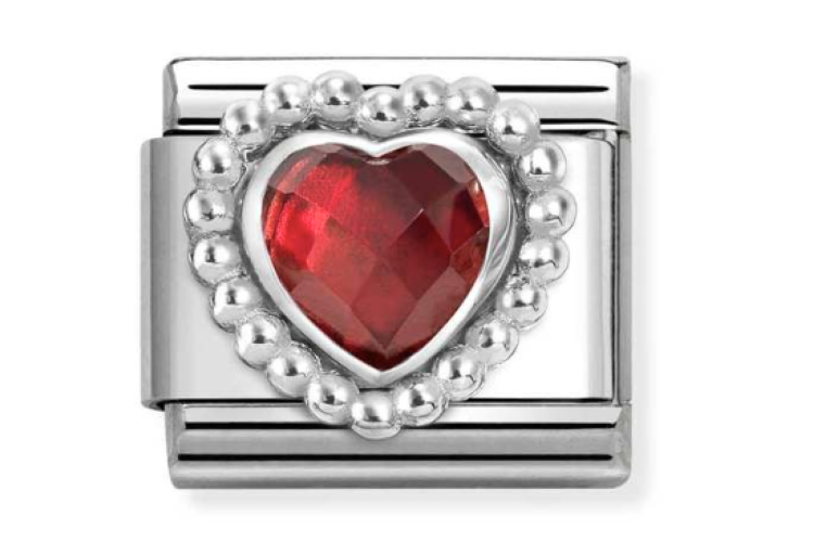 Red Crystal Heart Stone with Silver Beaded Border Link