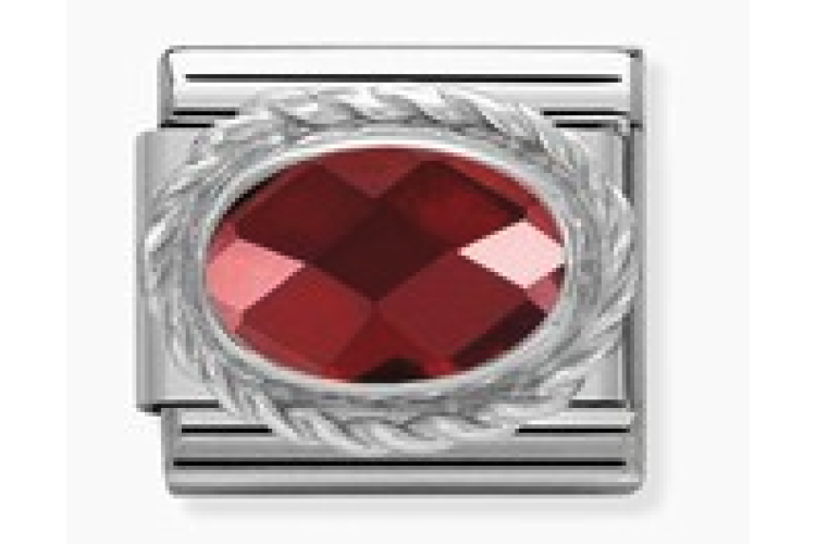 Red Crystal Oval Stone with Silver Rope Border Link