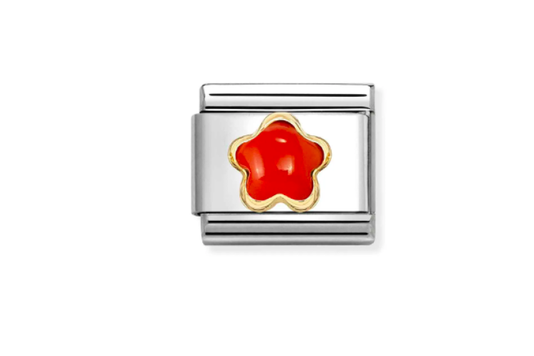 red flower shaped stone with gold outline