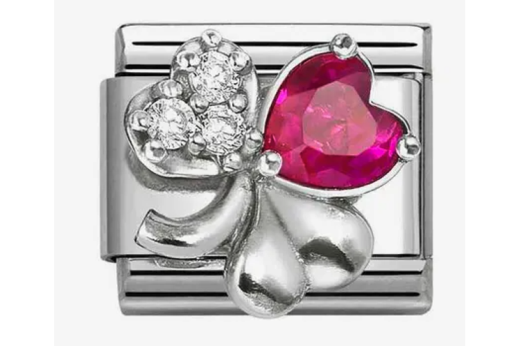 Silver 3D Clover with Fuchsia and White Stones Link