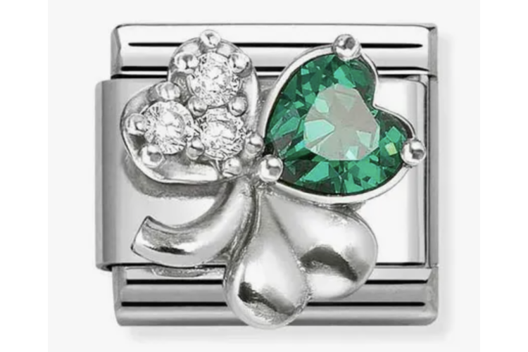Silver 3D Clover with Green and White Stones Link