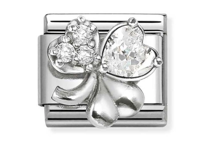 Silver 3D Clover with White Stones Link