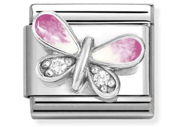 Silver and Pink Butterfly with White Stones Link