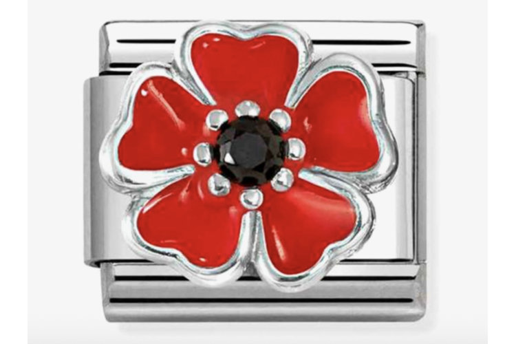Silver and Red Raised Flower with Black Stone Link