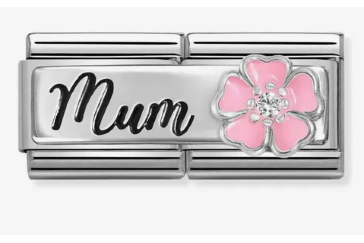 Silver Mum with Pink Flower and Stone Double Link