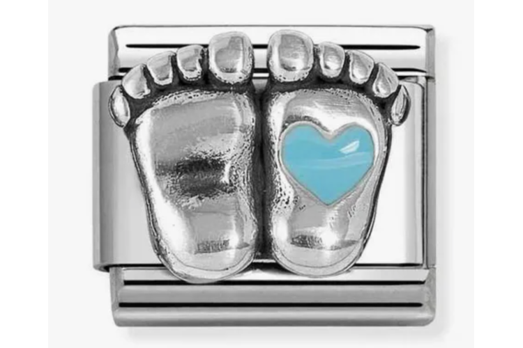 Silver Raised Baby Feet with Blue Heart Link