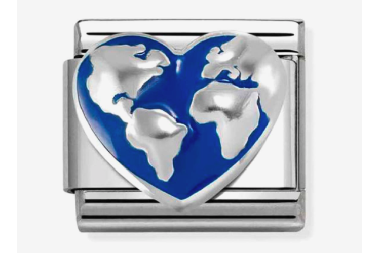 Silver Raised Heart with Blue World Map Link