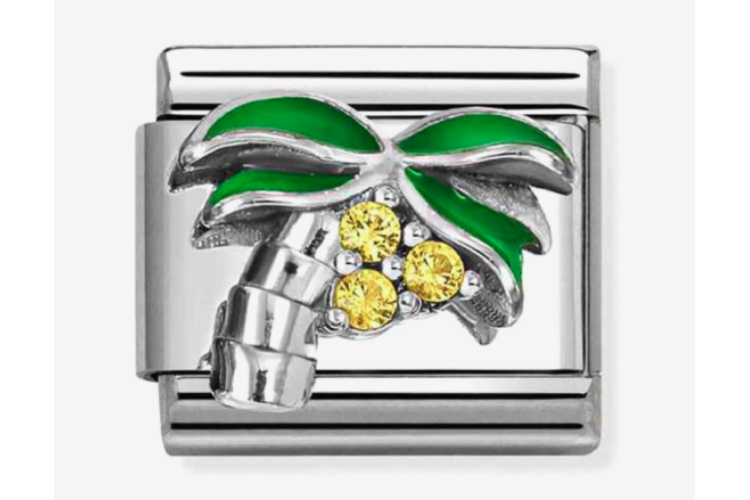 Silver Raised Palm Tree with Green and Yellow Stones Link