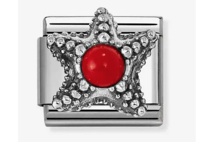 Silver Raised Starfish with Red Coral Stone Link