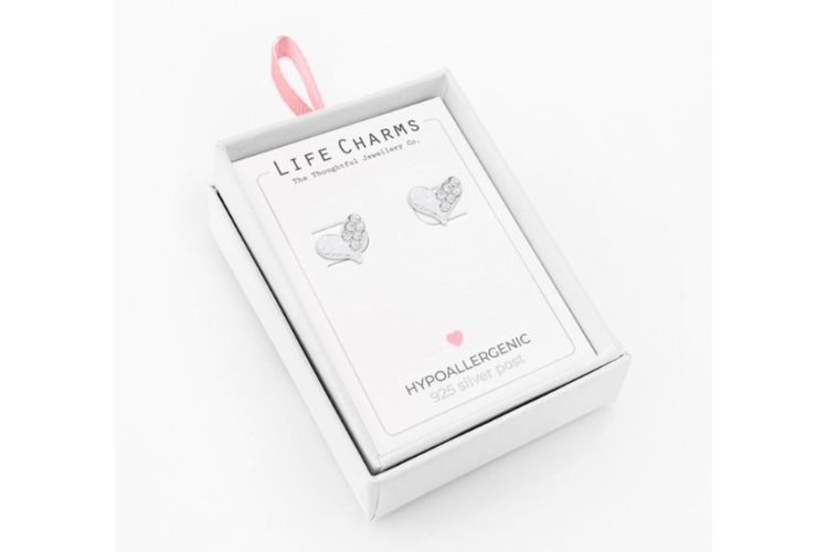 Silver Half Sparkly Heart Stud Earrings