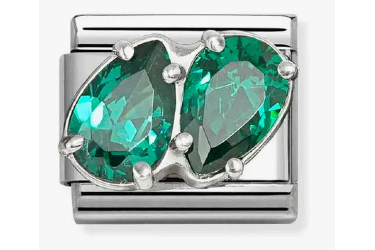 Silver with 3D Double Drop Green Crystal Stones Link