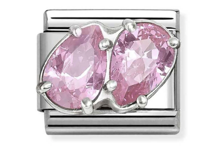 Silver with 3D Double Drop Pink Crystal Stones Link