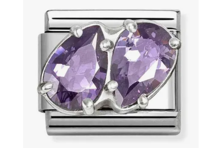 Silver with 3D Double Drop Purple Crystal Stones Link