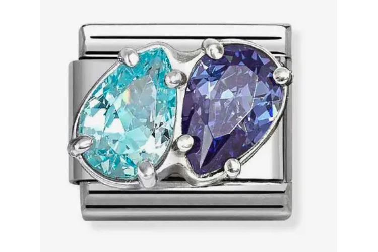 Silver with 3D Double Drop Turquoise and Blue Crystal Stones Link