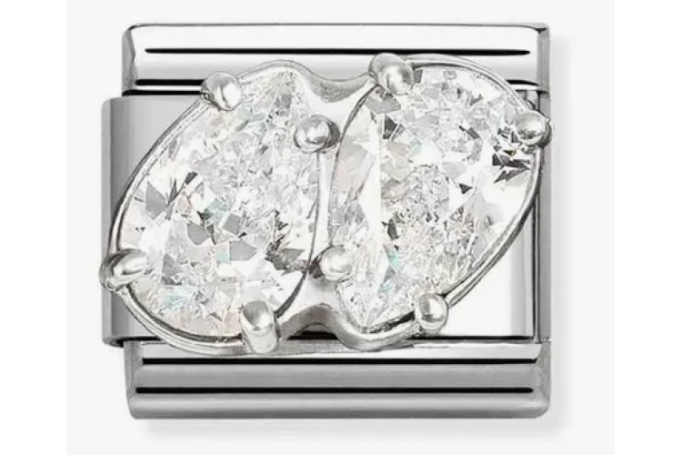 Silver with 3D Double Drop White Crystal Stones Link